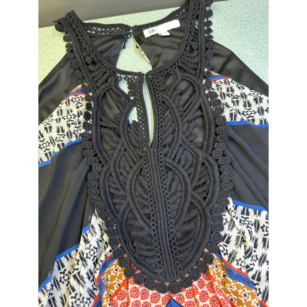 DR2 Women Black Mixed Print Halter Dress Crochet Bib Handkerchief Hem Large - Picture 6 of 6